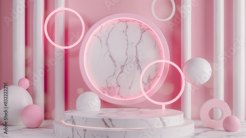 Sophisticated marble podium, percentage sign and pink and white rings. © Arbaz