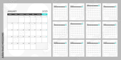 Monthly calendar turquoise square planner template schedule for 2025 year. Week Starts on Monday