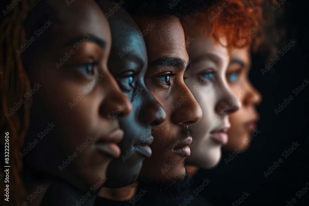 Close-up side profile of a diverse group of individuals with varied skin tones and facial features, aligned against a dark background Close-up side profile of a diverse group of individuals with varied skin tones and facial features, aligned against a dark background
