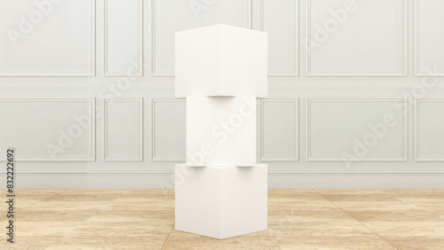 Blank plane cube stack in hotel lobby or pre-function area for event branding. 3D rendering of cube stack mockup for branding indoor or outdoor. For Exhibition and promotional activities.