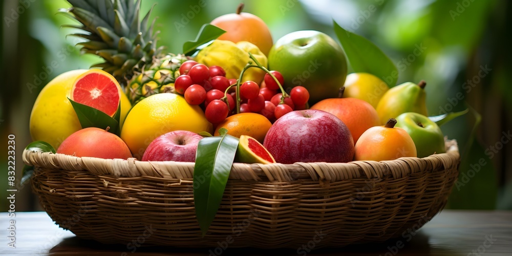 Vibrant Assortment of Tropical Fruits in a Basket Highlighting Exotic Flavors. Concept Fruit Photography, Tropical Flavors, Vibrant Colors, Exotic Fruits, Basket Display Vibrant Assortment of Tropical Fruits in a Basket Highlighting Exotic Flavors. Concept Fruit Photography, Tropical Flavors, Vibrant Colors, Exotic Fruits, Basket Display