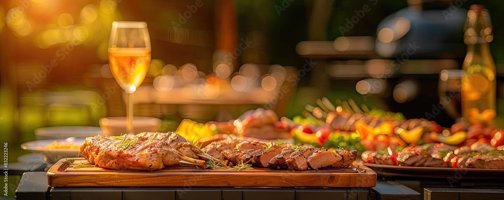 Outdoor BBQ feast with grilled meat, vegetables, and a glass of wine on a sunny day. Perfect for summer gatherings and celebrations.
