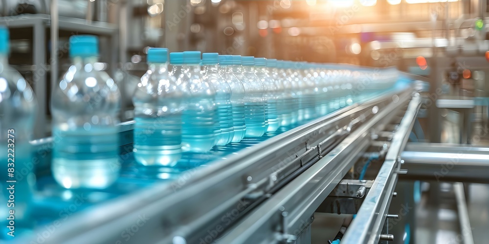 Interior of a bottling plant featuring a blue conveyor belt for juice production line. Concept Bottling plant, Juice production, Conveyor belt, Interior design, Blue theme Interior of a bottling plant featuring a blue conveyor belt for juice production line. Concept Bottling plant, Juice production, Conveyor belt, Interior design, Blue theme