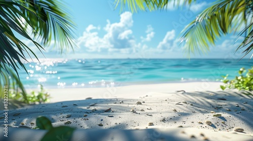 Beautiful beach view at sunny day with white sand  turquoise water and palm tree. AI generated illustration