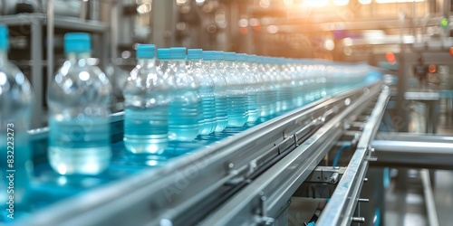 Interior of a bottling plant featuring a blue conveyor belt for juice production line. Concept Bottling plant, Juice production, Conveyor belt, Interior design, Blue theme