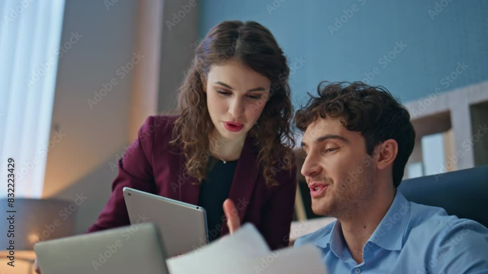 Smiling managers giving five having business success in office close up. Smiling managers giving five having business success in office close up.