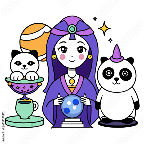 Mystical Oracle Girl A mystical oracle girl with a crystal ball, holding a mystical drink, with a fortune-telling cat and an oracle panda