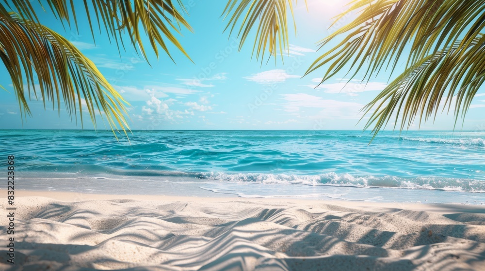 Beautiful beach view at sunny day with white sand, turquoise water and palm tree. AI generated illustration Beautiful beach view at sunny day with white sand, turquoise water and palm tree. AI generated illustration