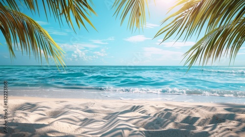Beautiful beach view at sunny day with white sand, turquoise water and palm tree. AI generated illustration
