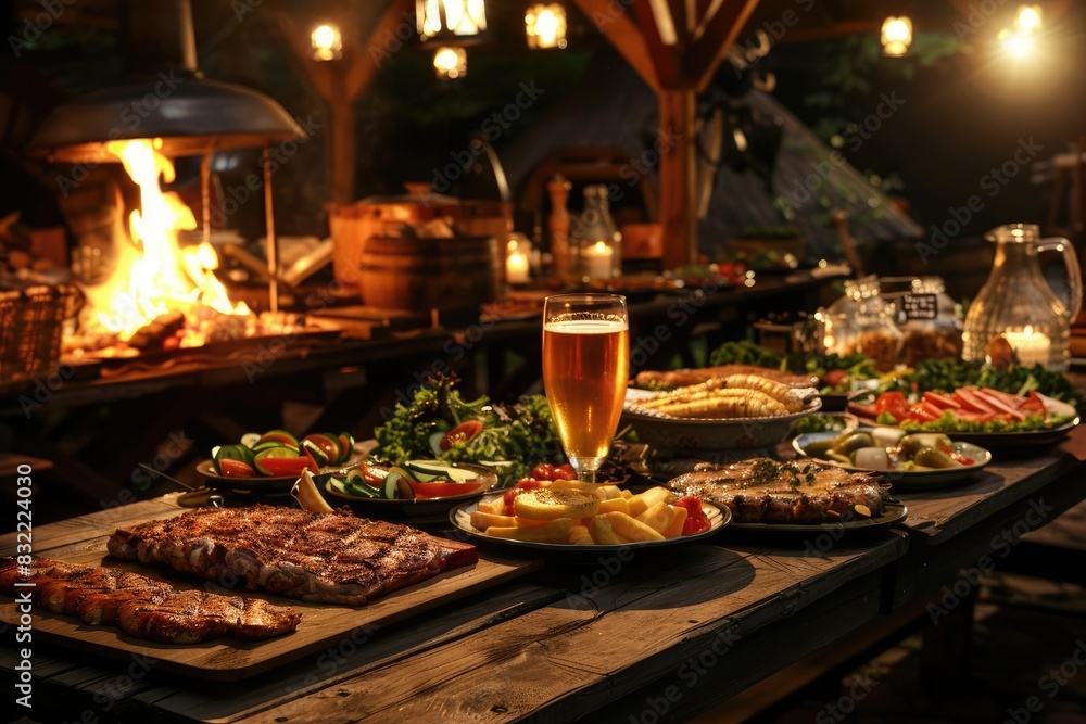A rustic outdoor feast with various delicious dishes and a glass of beer under warm lighting, creating a cozy dining atmosphere. A rustic outdoor feast with various delicious dishes and a glass of beer under warm lighting, creating a cozy dining atmosphere.