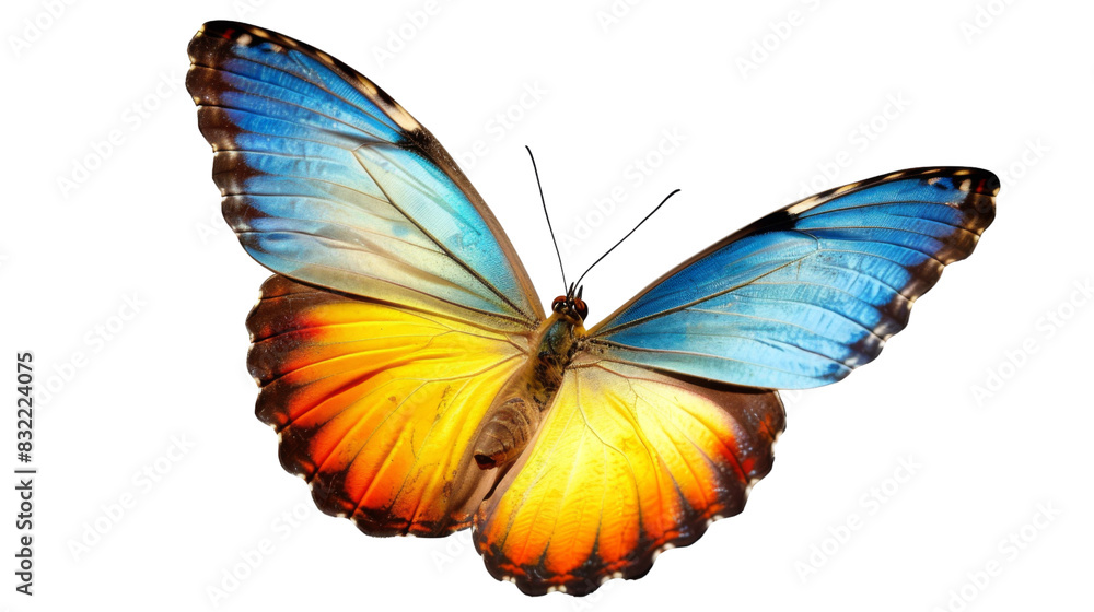 Fototapeta premium Butterfly in blue yellow orange color , in flight