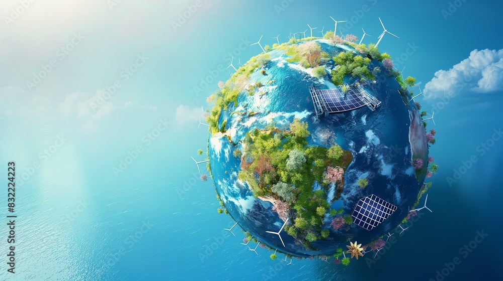 A conceptual Earth globe where the continents are composed of various renewable energy symbols, such as solar cells, windmills, and hydroelectric dams, floating in a clean, blue ocean. A conceptual Earth globe where the continents are composed of various renewable energy symbols, such as solar cells, windmills, and hydroelectric dams, floating in a clean, blue ocean.