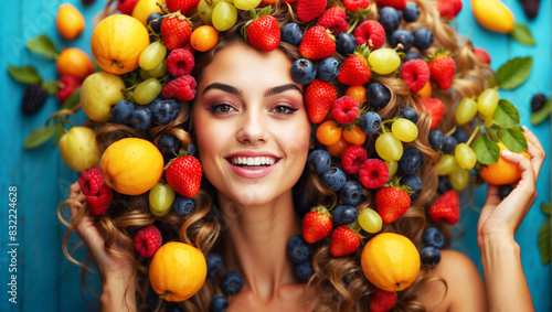 smiling woman with hair full of colorful fruit, photorealistic illustration of summer joy and food concept 