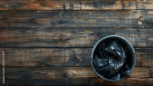 An empty bin with a wooden backdrop. Top View of Trash Can. Garbage Basket. Place a black trash bag in the trash.   Waste Can with Plastic Package.  Trash  photo