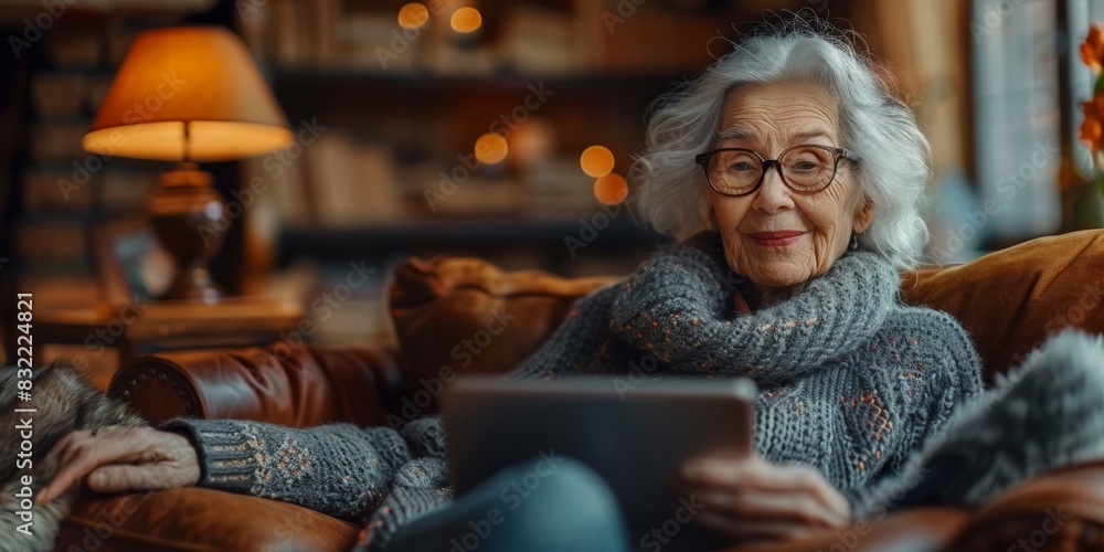 A smiling pensioner grandmother using a tablet in a cozy leather armchair at home.