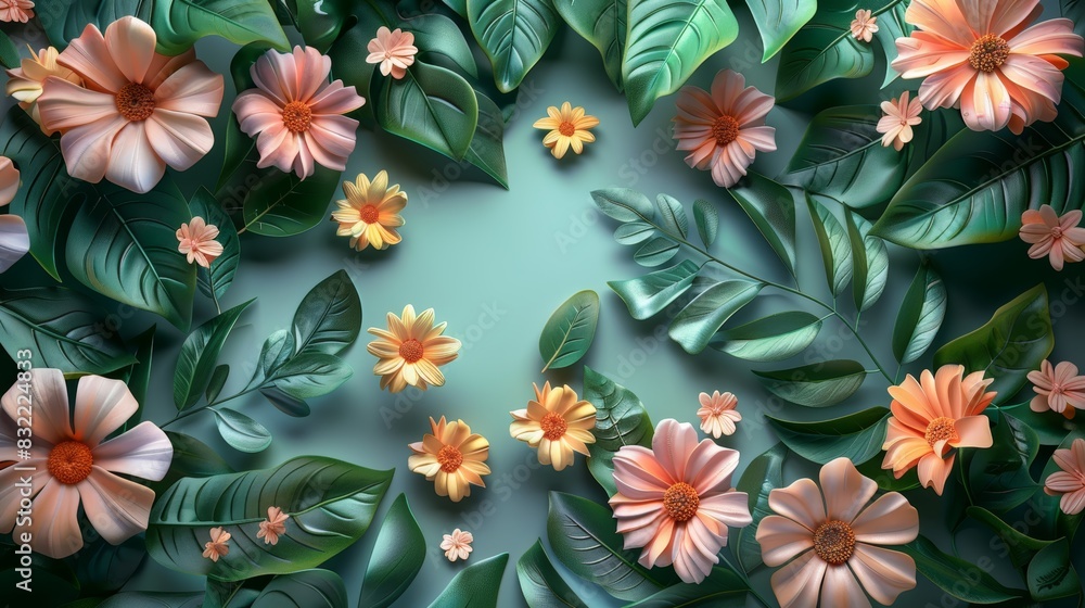 Beautiful tropical flowers and lush green leaves creating a stunning botanical arrangement on a green background. Beautiful tropical flowers and lush green leaves creating a stunning botanical arrangement on a green background.