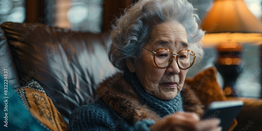 A sophisticated Asian granny using a smartphone in an elegant interior, portraying happiness.