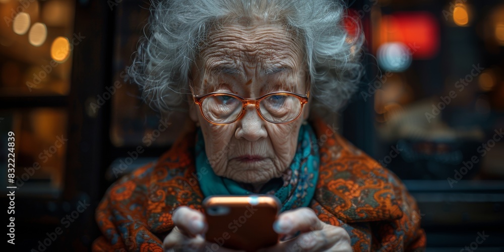 A retired grandmother, attentive, uses her smartphone, embracing modern technology in her leisure time.