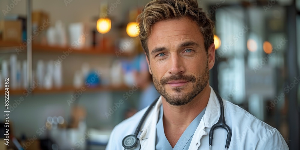 A confident Caucasian physician in a hospital uniform, exuding professionalism and positivity. A confident Caucasian physician in a hospital uniform, exuding professionalism and positivity.