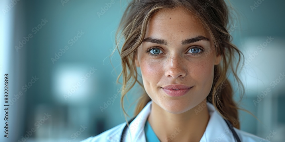 A cheerful young female doctor with a stethoscope, confidently standing in a hospital, smiling for a portrait. A cheerful young female doctor with a stethoscope, confidently standing in a hospital, smiling for a portrait.