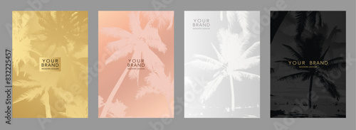 Luxury cover design set. Tropical background with pastel palm leaves pattern. Elegant vector template for wedding invite, gift card, makeup catalog, eco brochure, lux menu,