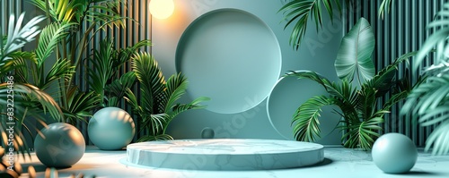 Abstract geometric shapes and tropical leaves in a green and white modern space