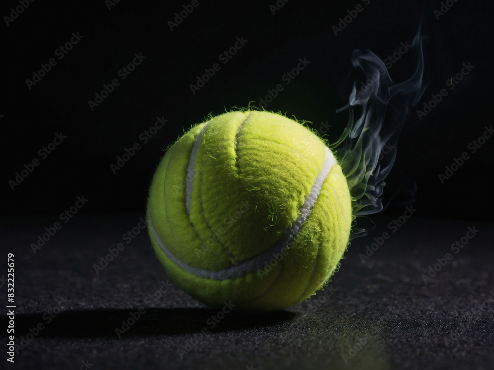 Tennis ball alight on a black surface.
