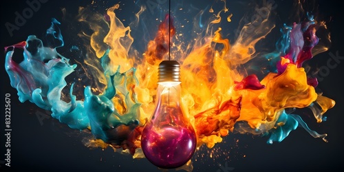 Creative Inspiration: Colorful Paint Splatters from Exploding Light Bulb on Black Background. Concept Abstract Art, Light Bulb Explodes, Colorful Paint Splatters, Creative Photography photo