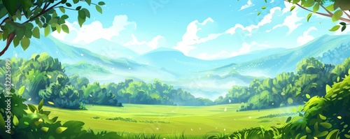 Green fields and lush mountains under a bright blue sky