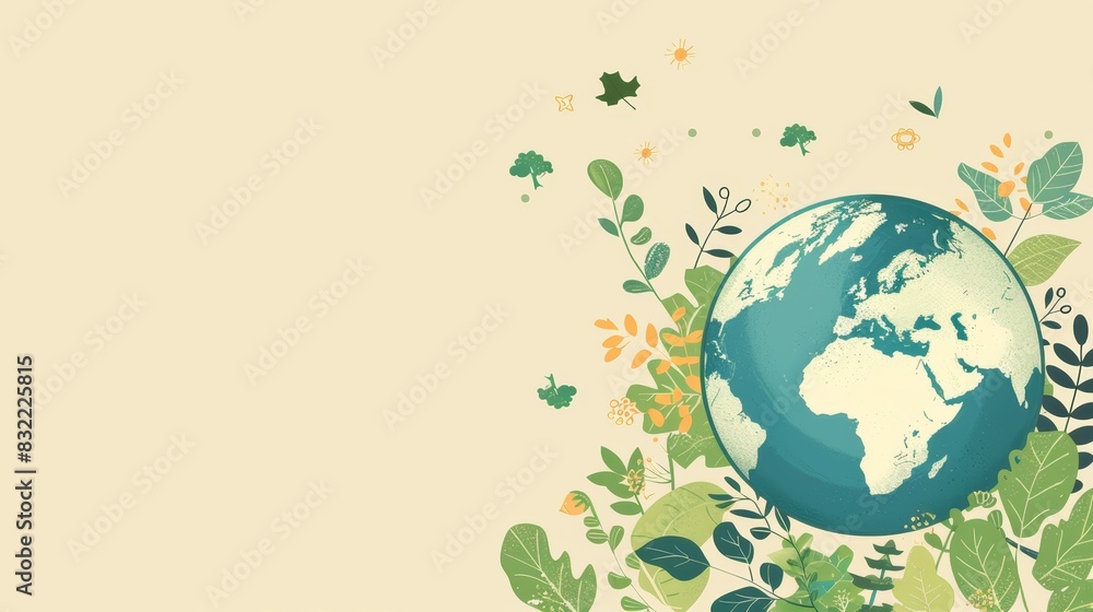 Eco-friendly earth illustration surrounded by colorful, vibrant flowers and leaves, symbolizing nature, sustainability, and environmental awareness.