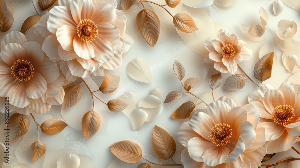 Elegant 3D floral design with beige and white flowers and leaves on a light background, perfect for art, decor, and nature themes. Elegant 3D floral design with beige and white flowers and leaves on a light background, perfect for art, decor, and nature themes.