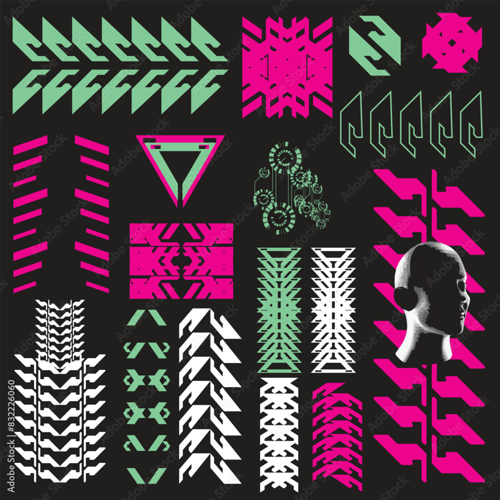 Fototapeta premium cyberpunk scifi gaming futuristic icon pattern HUD ux ui set collection template, 2d illustration rendering vector element