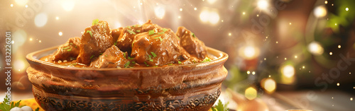 Mutton bowl of chili with green herbs and red sauce with bokeh in the background  concept of Eid ul azha
 photo