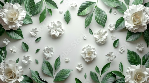 Elegant arrangement of white flowers and green leaves on a light background, perfect for nature-themed designs and decor inspiration.