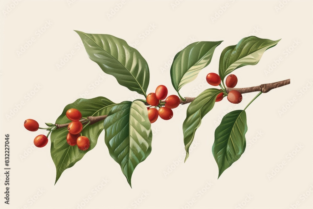 Coffee tree branch with lush leaves and ripe coffee cherries. Ideal for use in branding and marketing materials. Coffee tree branch with lush leaves and ripe coffee cherries. Ideal for use in branding and marketing materials.