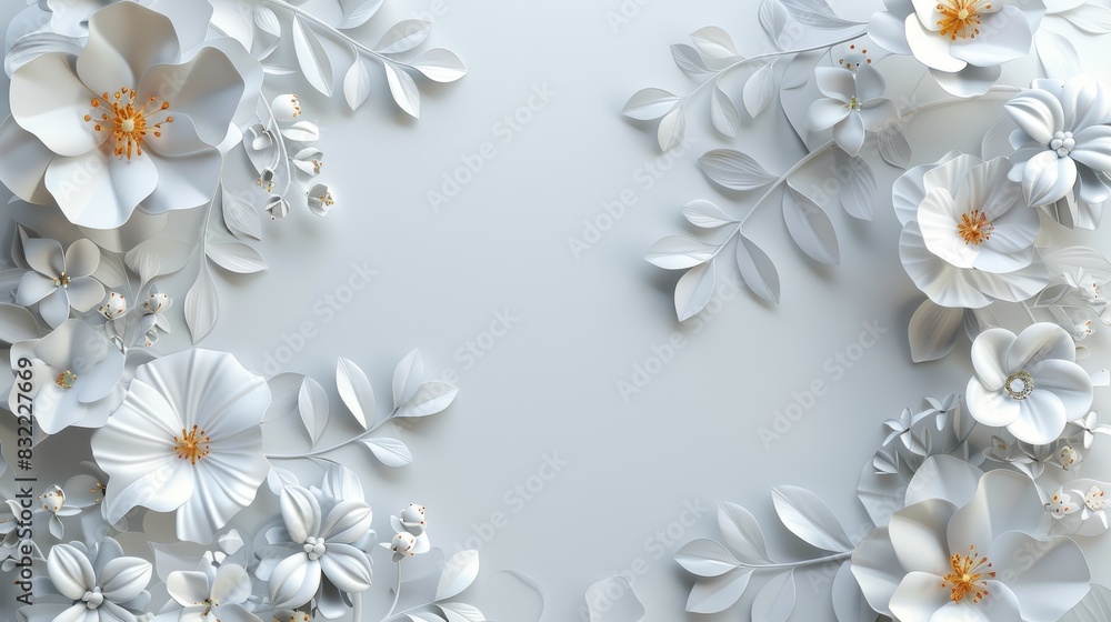 Elegant paper-cut floral background with intricate white flowers and leaves, creating a serene and delicate design for various creative projects. Elegant paper-cut floral background with intricate white flowers and leaves, creating a serene and delicate design for various creative projects.