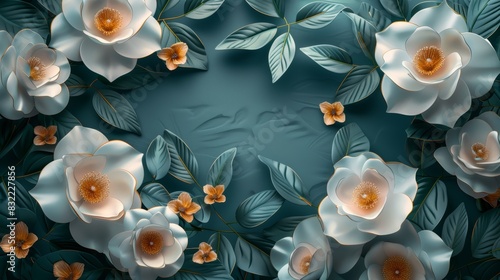 Elegant floral background with white and orange flowers, showcasing green leaves on a dark teal backdrop. Perfect for design and decoration.
