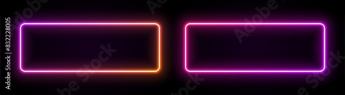 Neon rectangle frame with light. Border with led glow. Geometric shape laser sign for text. Fluorescent design elements for club, buttons or advertising.