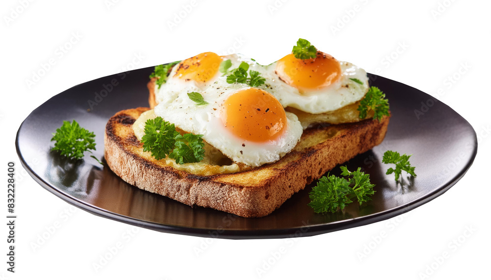Fried eggs in a spicy tomato sauce on black plate isolated on transparent background Fried eggs in a spicy tomato sauce on black plate isolated on transparent background