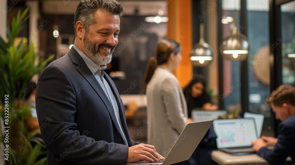 Fototapeta premium Happy middle aged business man ceo wearing suit standing in office using digital tablet. Smiling mature businessman professional executive manager looking away thinking working on tech device.