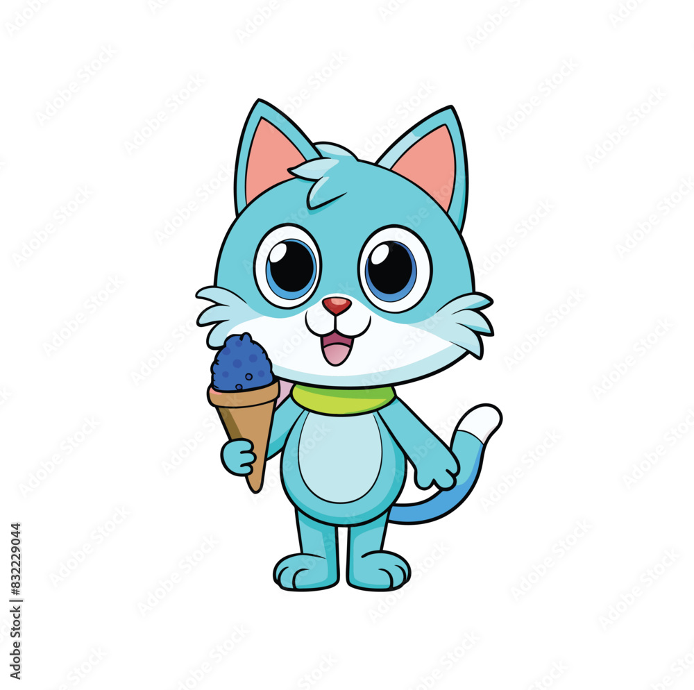 Cute Kitty Licking Ice Cream Isolated on White Background