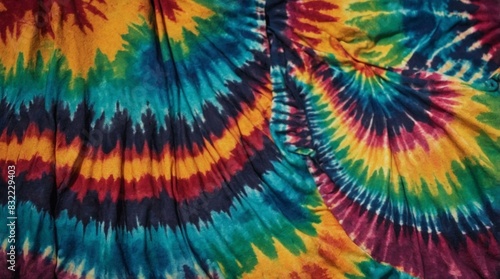 Vibrant and colorful tie-dye pattern with spirals on a textile, displaying hues of blue, red, and yellow