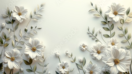 Elegant white paper flowers and leaves arranged on a soft background  creating a beautiful and delicate botanical composition.