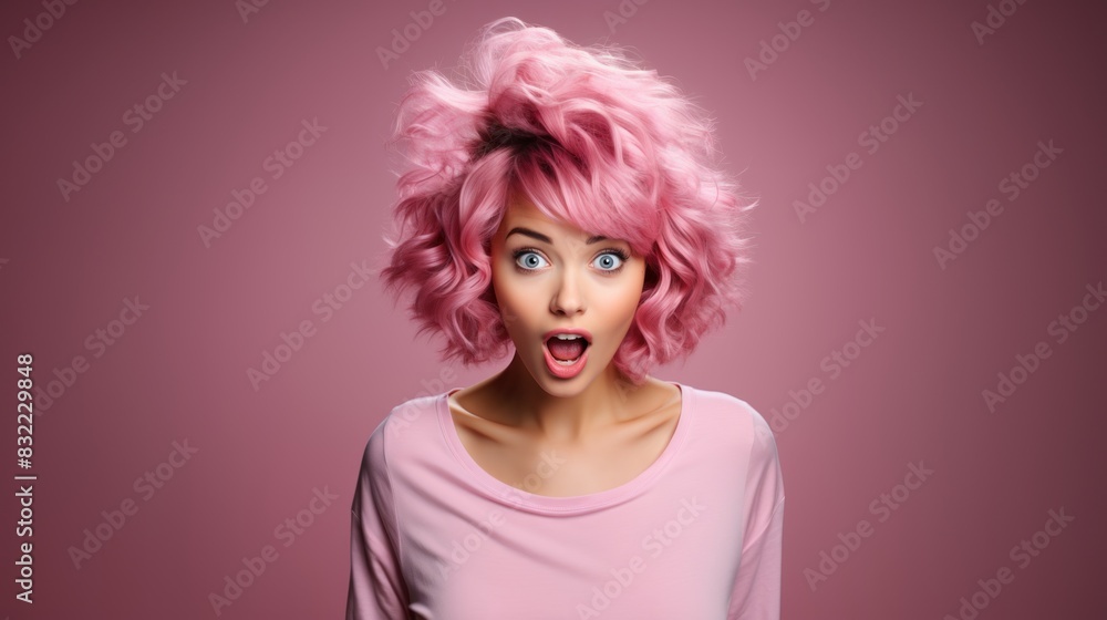 Shocked young woman with vibrant pink curly hair against a pink background showing a lively expression