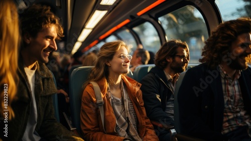 Various passengers sitting on a train with natural lighting, engaged in travel during the daytime