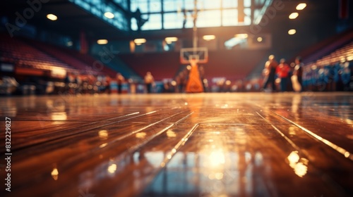 Low angle view of a basketball court floor with indistinct players in the background during a game or practice photo
