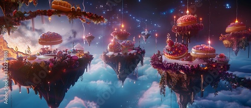 High-angle view of a magical culinary kingdom with floating islands made of delectable desserts