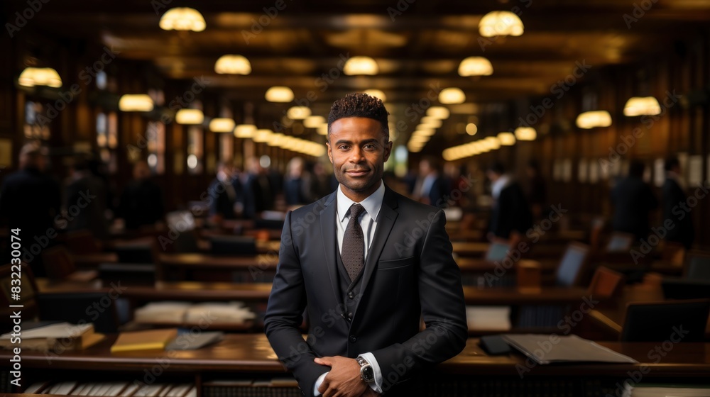 A confident businessman stands sharply dressed within the grand surroundings of a traditional library A confident businessman stands sharply dressed within the grand surroundings of a traditional library