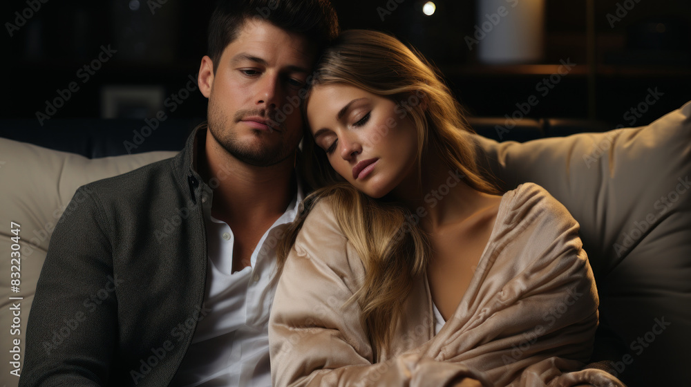 An intimate image of a man and woman embracing comfortably on a couch, symbolizing closeness and affection An intimate image of a man and woman embracing comfortably on a couch, symbolizing closeness and affection