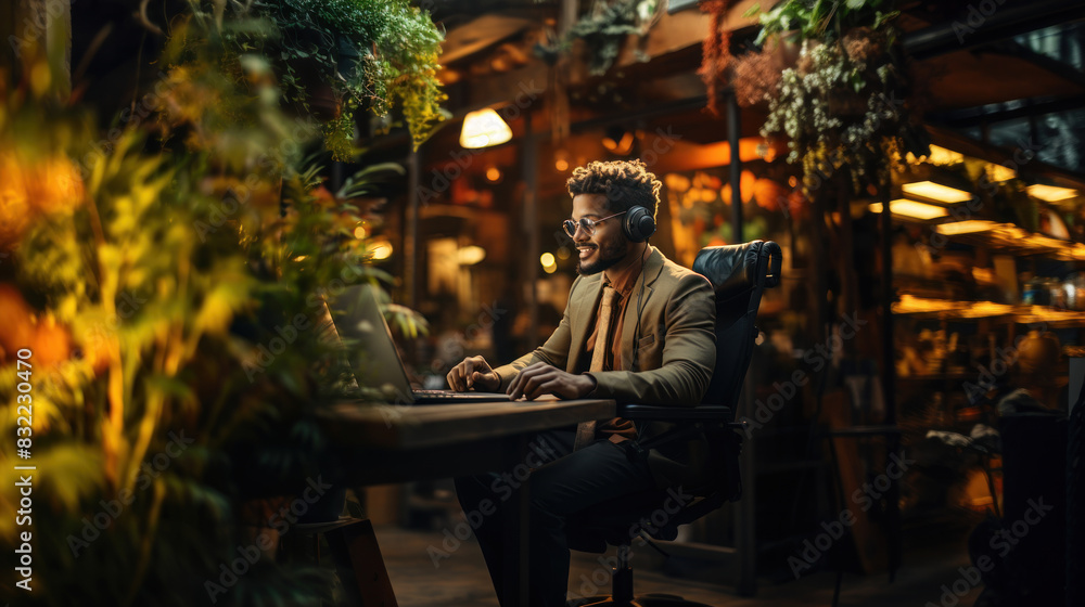 A hipster man works on his laptop at a cozy cafe desk with headphones, immersed in his task at nighttime A hipster man works on his laptop at a cozy cafe desk with headphones, immersed in his task at nighttime